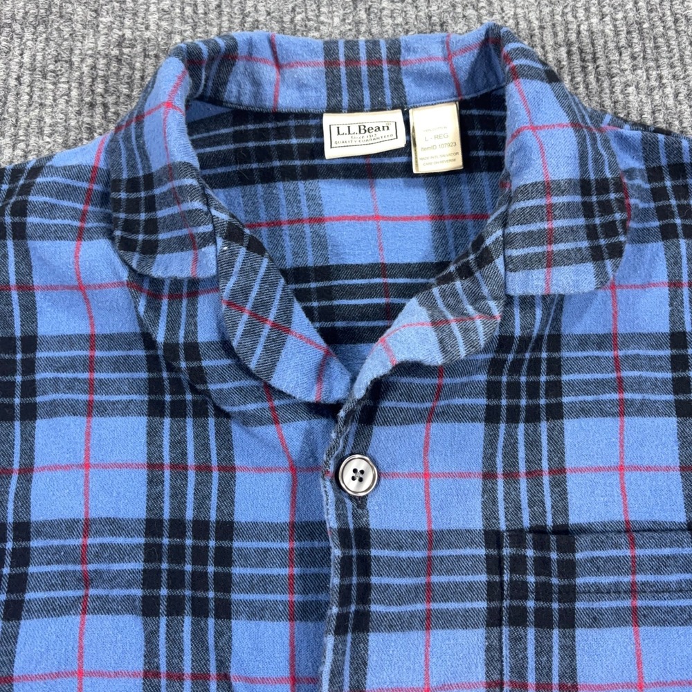 L.L. Bean Pajama Top Men Large Blue Plaid Flannel Button Up 107923
